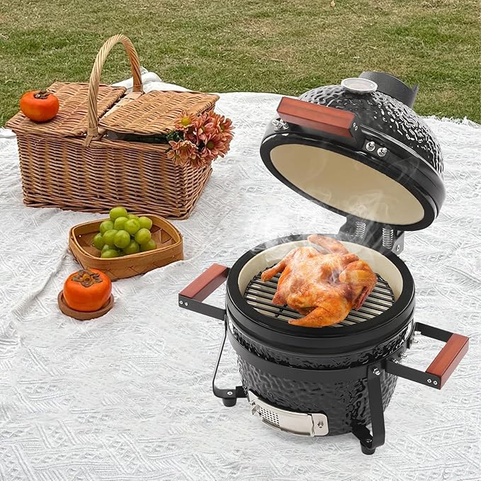 13 Inch Ceramic Charcoal Grill, Portable Kamado Style BBQ with 50-800°F Temperature Range, with Bamboo Handles and Spring Hinge 12.6” Grilling Grate for Outdoor Patio Camping Picnic, Black