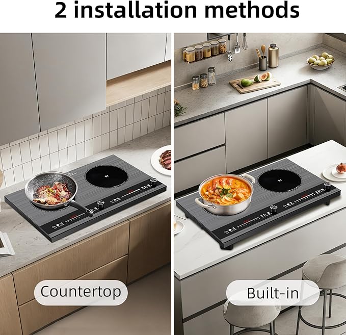 2 burner induction cooktop,110V 3000W 2 burner induction plate with Brushed Panel LED Knob Control, induction stove top with 9 Power Levels, Kids Lock & Timer,24 Inch double induction cooktop