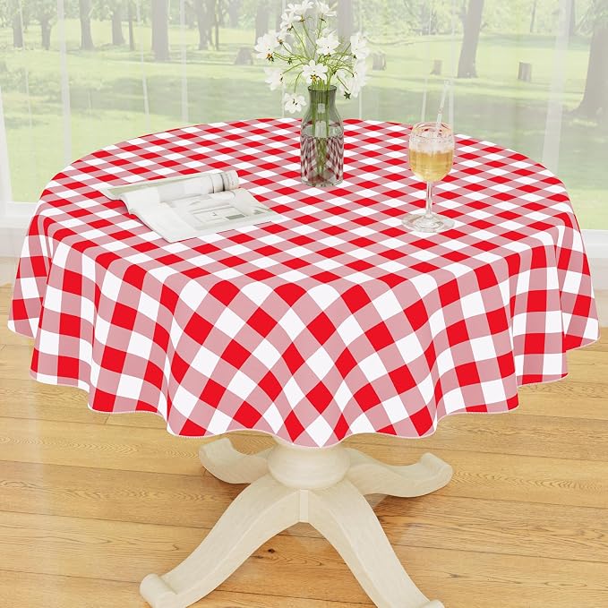 Smiry Picnic Table Cloth, Vinyl Tablecloths with Flannel Backing, 60" Round | Waterproof Picnic Table Cloth, Wipeable Buffalo Plaid Table Cover for Indoor and Outdoor (Red & White)