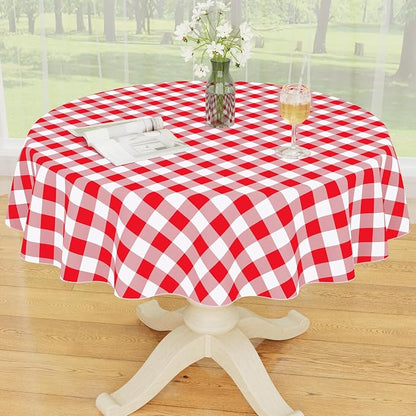 Smiry Picnic Table Cloth, Vinyl Tablecloths with Flannel Backing, 60" Round | Waterproof Picnic Table Cloth, Wipeable Buffalo Plaid Table Cover for Indoor and Outdoor (Red & White)