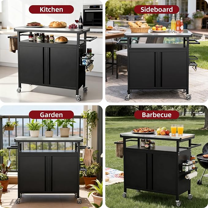 Outdoor Grill Cart Bar Cart with Storage Cabinet for Grilling Accessories