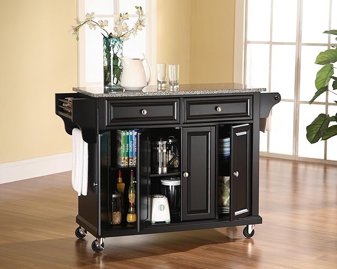 Crosley Furniture Full Size Granite Top Rolling Kitchen Island Storage Cart, Microwave Stand, Spice Rack, Black