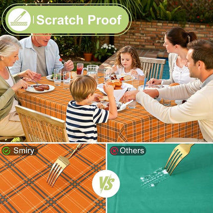 Smiry Picnic Table Cloth, Vinyl Tablecloths with Flannel Backing, 54"x78" | Waterproof Rectangle Table Cloth, Wipeable Vintage Plaid Table Cover for Indoor and Outdoor (Brown & Orange)