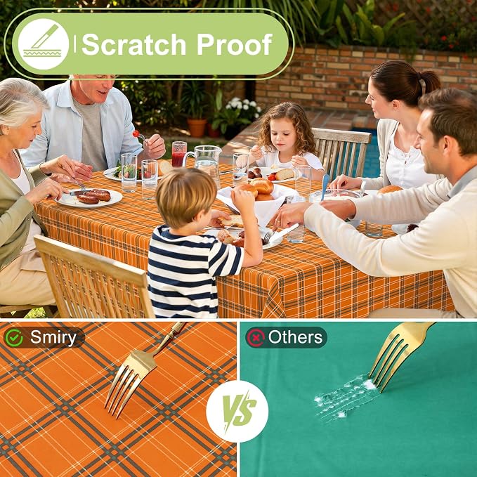 Smiry Picnic Table Cloth, Vinyl Tablecloths with Flannel Backing, 60"x102" | Waterproof Rectangle Table Cloth, Wipeable Vintage Plaid Table Cover for Indoor and Outdoor (Brown & Orange)