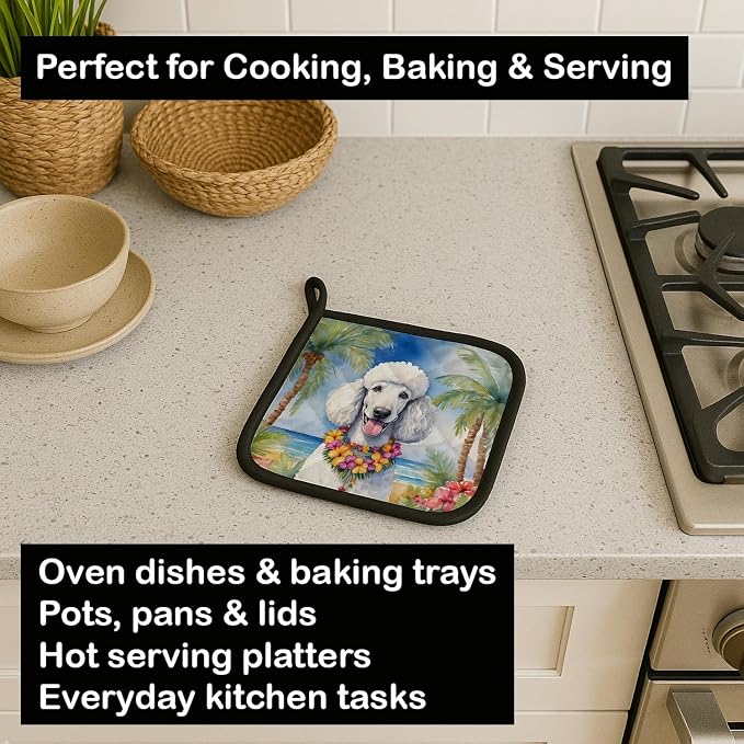 Caroline's Treasures White Poodle Luau Pair of Pot Holders Kitchen Heat Resistant Pot Holders Sets Oven Hot Pads for Cooking Baking BBQ, 7 1/2 x 7 1/2