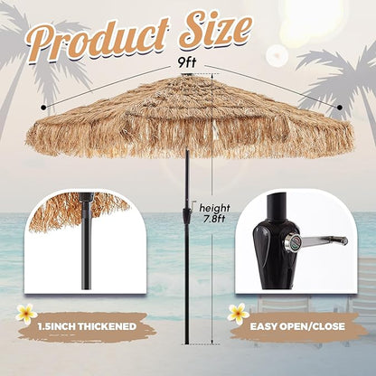 CroBlissful 9 ft Solar Tiki Umbrella with 32 LED Lights, Hula Thatched Patio Umbrella, UPF 50+, Hawaiian Style Beach Parasol for Garden, Beach, Pool, and Backyard