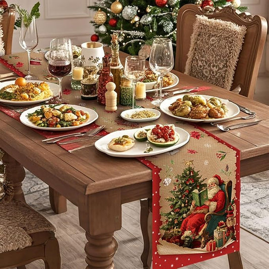 Christmas Tree Santa Claus Table Runner,Dining Decor for Kitchen Coffee Table Family Dinners Holiday Parties Wedding Events Decor(13x72 inch)