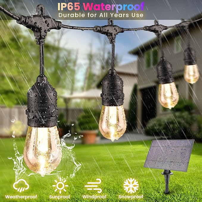 Larkvue 50FT RGB Solar Outdoor String Lights with Remote, Dimmable Waterproof Patio Lights with 15 LED Shatterproof Edison Bulbs for Backyard-Black