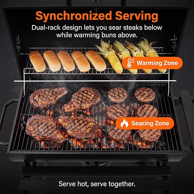 Devoko Barrel Charcoal Grill with Thermometer, Double-Layer Chrome-Plated Iron Baking Pan, Three Item Racks & Ash Catcher, Heavy Duty Outdoor BBQ Grill for Camping Backyard Patio
