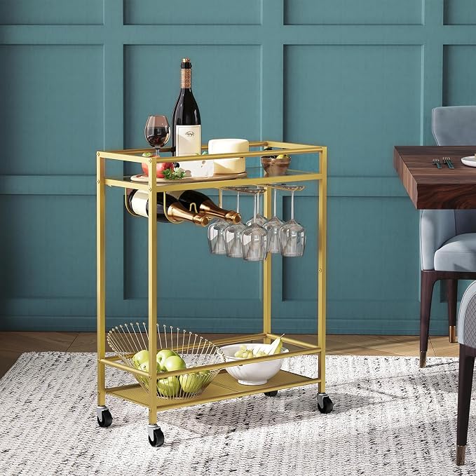 MAHANCRIS Gold Bar Cart, Beverage Cart with Wheels, Bar Cart for The Home, 2-Tier Drink Cart with Wine Rack and Glass Holder, Kitchen, Dining Room, Gold RCJ63B01ZN1