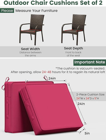 Outdoor Chair Cushion 24 x 24 x 5 Inches Patio Furniture Outdoor Waterproof Seat Cushion, Patio Chair Cushion with Handles and Ties, Square Dining Chair Cushion Set of 2, Pink
