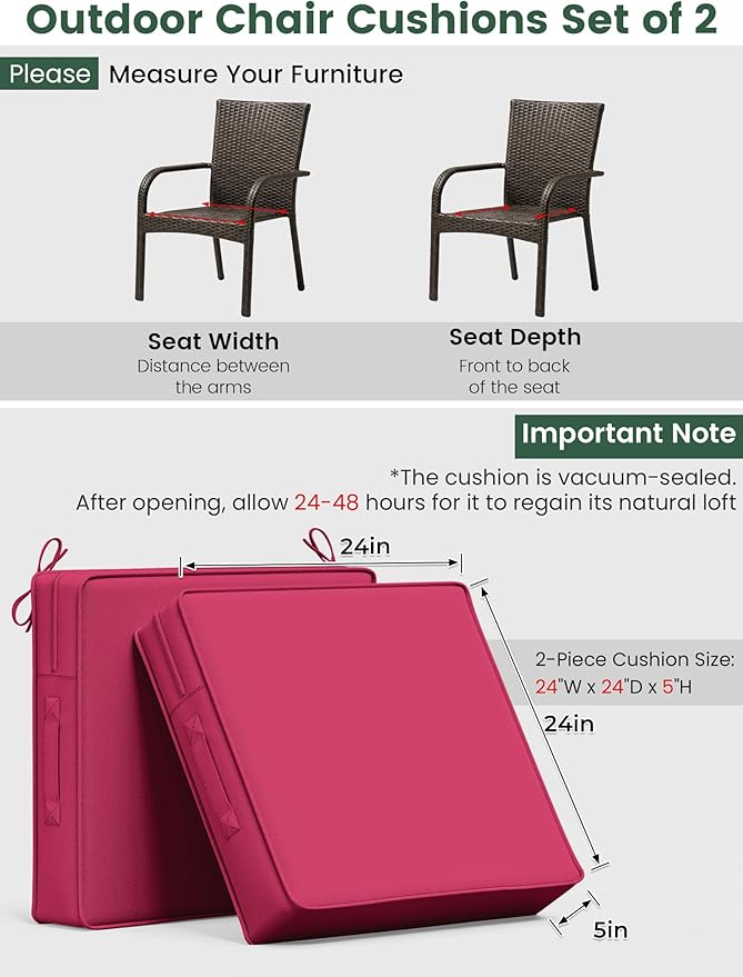 Outdoor Chair Cushion 24 x 24 x 5 Inches Patio Furniture Outdoor Waterproof Seat Cushion, Patio Chair Cushion with Handles and Ties, Square Dining Chair Cushion Set of 4, Pink