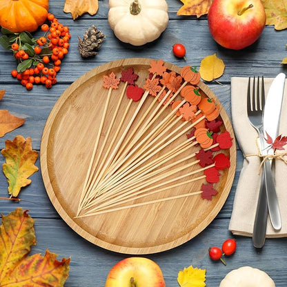 Minisland Orange Pumpkin Cocktail Picks, 5 Inch Long Bamboo Fancy Toothpicks for Appetizers, Decorative Fall Halloween Thanksgiving Party Food Drinks Garnish Fruit Skewer Sticks 100 Counts - MSL423
