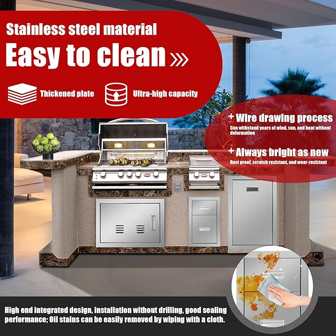 Outdoor Kitchen Single Trash Drawer 16'' W x 24.4'' H x 16'' D Pull Out Stainless Steel Bin Drawer Built-in Trash Drawers with Handle and Vents Suitable for Outdoor Kitchen Island Grill Station