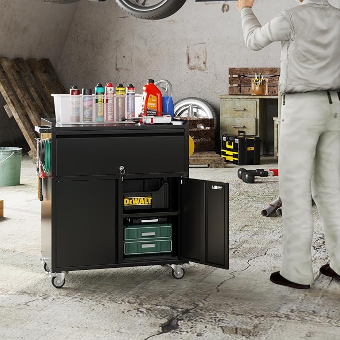 Aobabo Rolling Metal Garage Cabinet, Lockable Storage Cabinet with 1 Drawer, Pegboards, Hooks & Wheels, Heavy Duty Steel Utility Cabinet for Garage, Workshop, Home Office, Black, Assembly Required