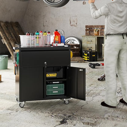 Metal Garage Storage Cabinet with Wheels, Rolling Tool Cabinet with Adjustable Shelf, 1 Drawer and 2 Doors for Tools, Garage,Workshop, Black, Assembly Required