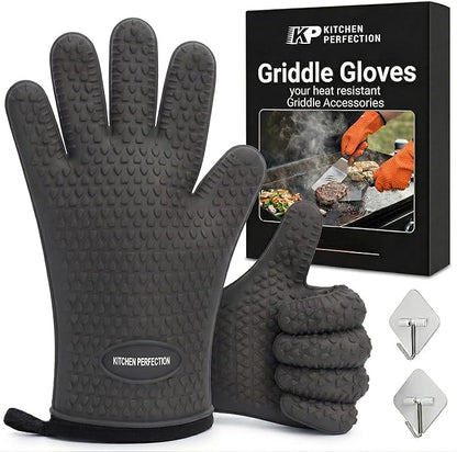KITCHEN PERFECTION Silicone Oven & Griddle Gloves -Extreme Heat Resistant BBQ & Grilling Gloves -Handle Hot Food Right on Your Griddle |Waterproof Oven Mitts Grill Gloves |Superior Set+3 Bonuses