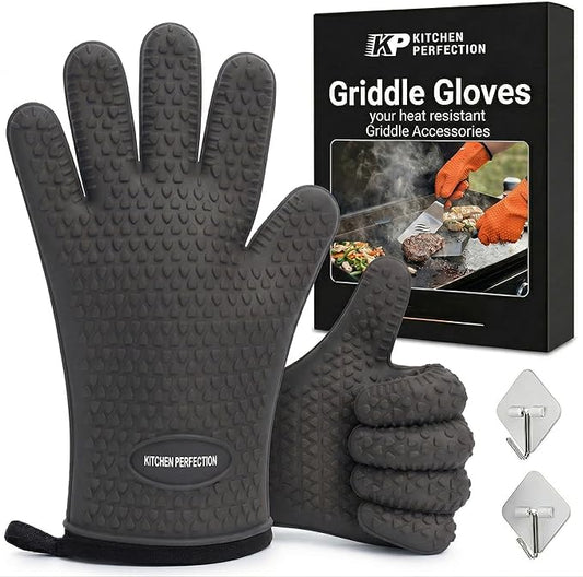 KITCHEN PERFECTION Silicone Oven & Griddle Gloves -Extreme Heat Resistant BBQ & Grilling Gloves -Handle Hot Food Right on Your Griddle |Waterproof Oven Mitts Grill Gloves |Superior Set+3 Bonuses