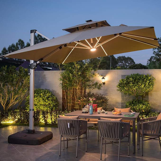 10x10 FT Square Cantilever Patio Umbrella with Solar LED Lights and Cross Base, 360° Rotation Large Heavy Duty Offset Outdoor Umbrella with Easy Tilt for Pool Backyard Deck Garden, Khaki