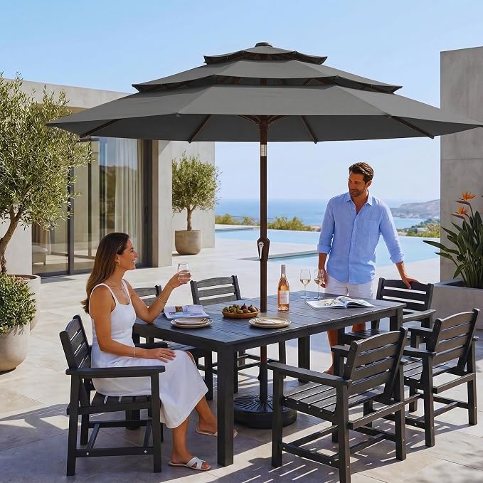 10ft 3 Tier Patio Umbrella, Outdoor Market Table Umbrella with UPF 50+ Vented Canopy, 8 Sturdy Ribs, Easy Push Button Tilt and Crank, Windproof for Deck, Pool, Backyard and Garden