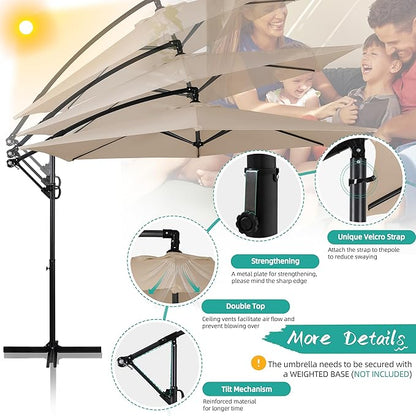 Shintenchi Offset Patio Umbrella with Easy Tilt Adjustment,Crank and Cross Base, Outdoor Cantilever Hanging Umbrella, Sunshade Free Standing Canopy, Khaki