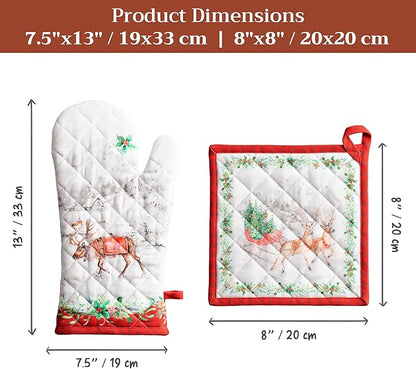 Maison d' Hermine 100% Cotton Oven Mitt & Pot Holder Set (7.5"x13" & 8"x8") Heat Resistant BBQ Cooking Gloves with Loop for Thanksgiving Christmas Decorations Handling Hot Pans (Christmas Tradition)