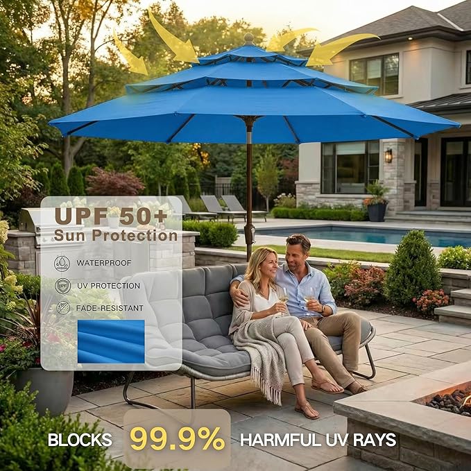 Kingdura 9ft 3-Tier Patio Umbrella, Outdoor Table Umbrella with Easy Crank & Tilt, 8 Reinforced Ribs, UV Protection for Deck, Pool, Market, Backyard (Royal blue)