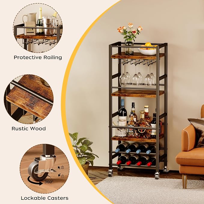 Homeiju Small Bar Cart with 5-Tier Shelf, Mobile Kitchen Shelf with Wine Rack and Glass Holder, Mini Bar Cart for Small Spaces, Rustic Brown