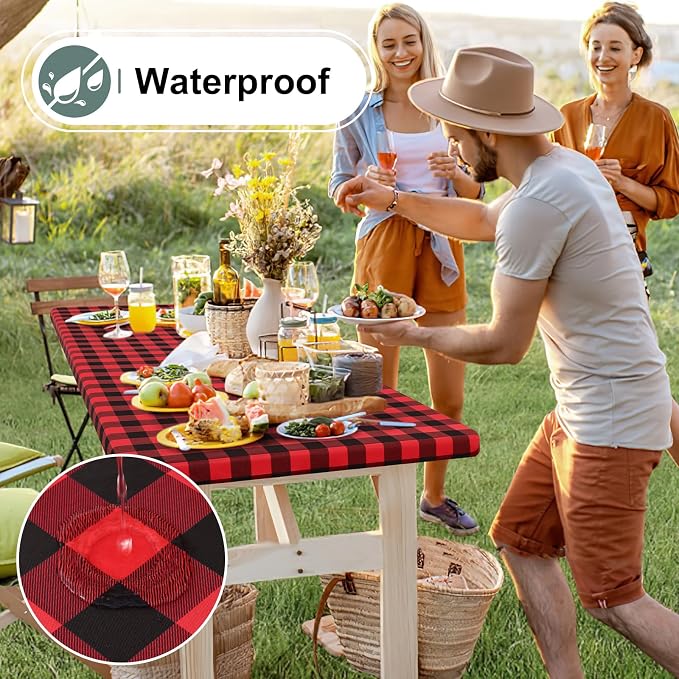 Buffalo Rectangle Picnic Tablecloth, 6 Foot Elastic Fitted Vinyl Table Cloth with Flannel Backing, Waterproof Plaid Table Covers for Dining, Camping, Outdoor (Black and Red, 30" x 72")