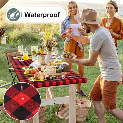 Buffalo Rectangle Picnic Tablecloth, 6 Foot Elastic Fitted Vinyl Table Cloth with Flannel Backing, Waterproof Plaid Table Covers for Dining, Camping, Outdoor (Black and Red, 30" x 72")