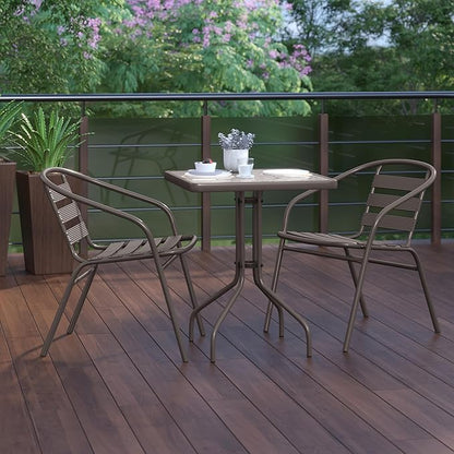 Flash Furniture TLH-0731SQ-017CBZ2-GG Lila 23.5'' Square Glass Table with 2 Metal Aluminum Slat Stack Chairs, Bronze