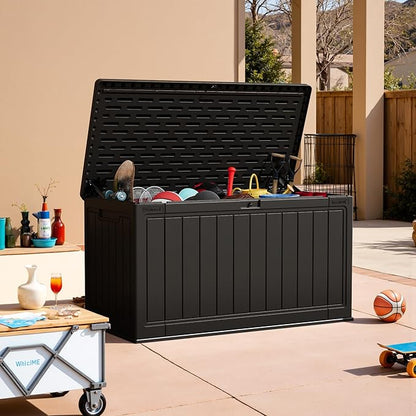 Patiowell 150 Gallon Large Outdoor Storage Box, Waterproof Deck Box with Fixed Divider, Lockable and Durable Patio Storage Solution for Patio Furniture and Garden Tools (Black)
