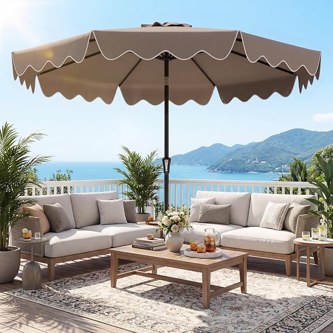 Tangkula 9 FT Patio Umbrella with Base Included, 2-Tiers Outdoor Scalloped Table Umbrella with 2 Sandbags, Tilt Adjustment, Crank, 8 Ribs for Market Backyard Pool Deck Beach Lawn