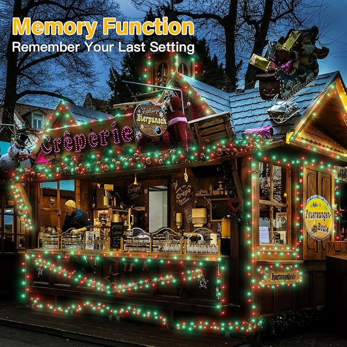 12 Modes Outdoor String Lights with Dusk to Dawn,174ft 500 LED Plug in Christmas Lights Remote Memory,Dimmable Waterproof Fairy Lights for Outside Timer Garden Party(Red&Green)
