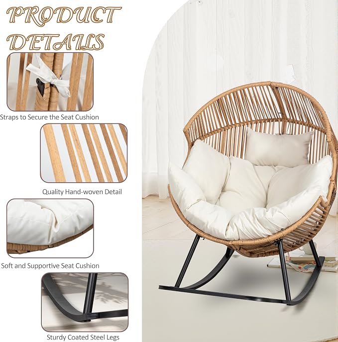 Shintenchi Egg Chair Outdoor, Oversized Outdoor Indoor Wicker Rocking Chair, Large PE Rattan Egg Rocking Chair with Cushion for Patio, Balcony, Backyard, Garden, Beige