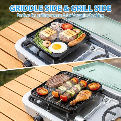 Ceramic Nonstick Reversible Griddle for Coleman Cascade & Triton, 8.5" x 8.5" Square Flat & Ribbed Camping Griddle (1 Pack) | Built-In Storage Fit, No-Wobble Stable Design, For 2-Burner Camp Stoves