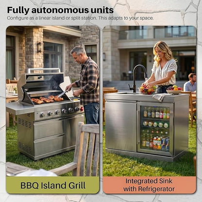 RIGO 84" 6 Burner Outdoor Kitchen Island Grill,75300 BTU 304 Stainless Dual Fuel BBQ Grill with Sink,Fridge & Granite Countertop for Backyard Commercial Use