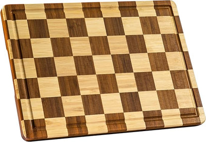 Bamboo Cutting Boards for Kitchen, Checkered Thick End Grain Wood Chopping Board with Juice Groove, Butcher Block for Meat, Bread & Fruit, Medium, 14"L x 10"W x 0.8"Th