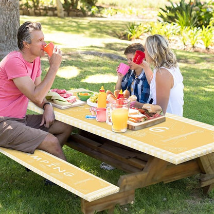 Picnic Table Cover with Bench Covers Elastic Edges, Yellow Camper Fitted Table Cover, Outdoor Patio Camping Essentials 72 Inch 3PCS, Waterproof Camping Fitted Tablecloth with Drawstring Bag