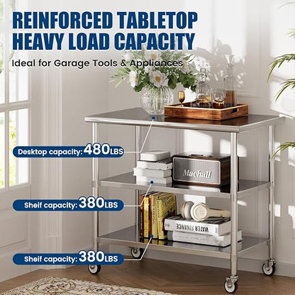 Stainless Steel Work Table with Wheels, 24x48 Inch NSF Kitchen Prep Table with 2 Adjustable Undershelves for Commercial Restaurant, Garage, Outdoor BBQ