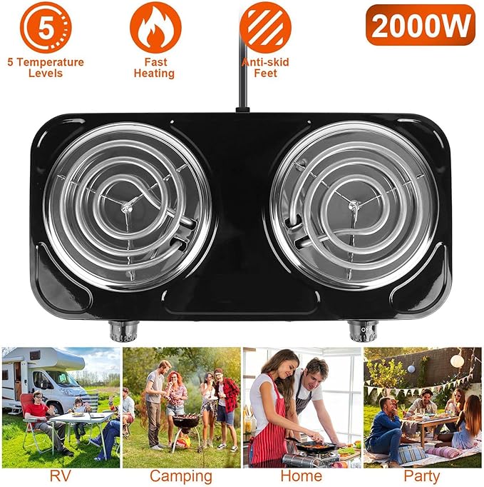 2000W Double Burner, Electric Hot Plate for Cooking Portable Cooking Stove, Countertop Burner Cooktop for Kitchen, Dorm, Temperature Control, Easy to Clean, Black