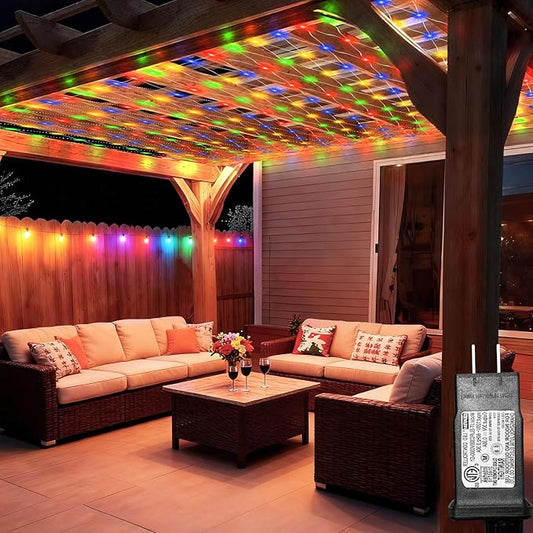 Lovelite 8ft x 8ft Net Lights, 180LED Gazebo Lights Outdoor 8 Modes Timer, Waterproof Connectable Christmas String Lights Clear Wire Plug in for Bushes Patio Pergolas Garden Holiday Party - Mulicolor