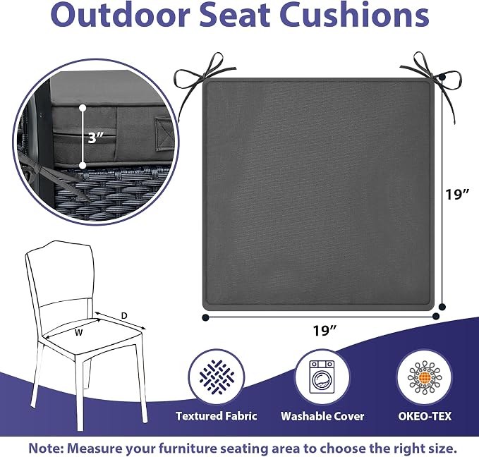 IPYNBAP Outdoor Chair Cushions Set of 4 -Waterproof Outdoor Seat Cushions for Patio Furniture, Patio Chair Cushion with Handle and Ties, Out Door Chair Pads,19x19x3-Square, Darkgrey