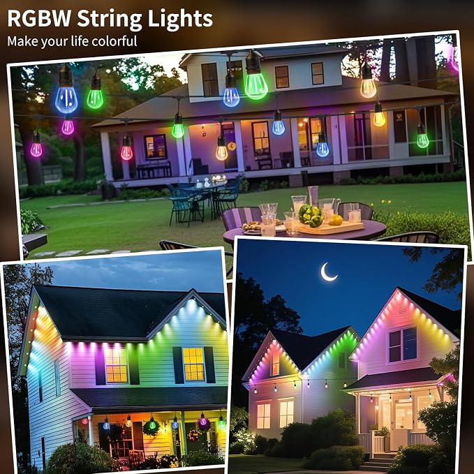 26FT Outdoor String Lights, Outdoor Lights for Patio,with 12+2 LED RGBW Color Change,3000K Bright White Waterproof Bulbs, Dimmer & Remote, Customized 12 Colors & 4 Modes, for Backyard Decor