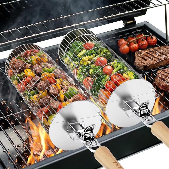 TNTOR Rolling Grill Basket, Larger 304 Stainless Steel Nesting Grilling Net, Removable Handle, BBQ Accessories Tools for Veg Shrimp, Outdoor Cooking Camping Father's Day grilling gifts for men Dad
