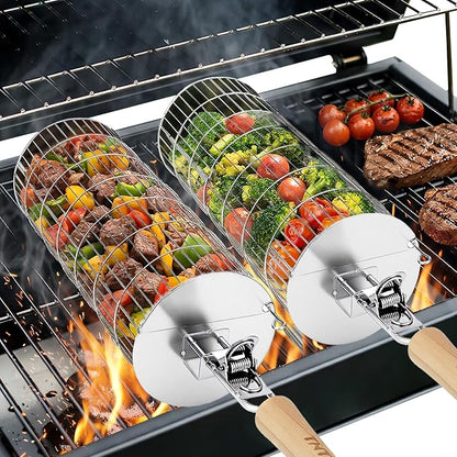 TNTOR Rolling Grill Basket, Larger 304 Stainless Steel Nesting Grilling Net, Removable Handle, BBQ Accessories Tools for Veg Shrimp, Outdoor Cooking Camping Father's Day grilling gifts for men Dad