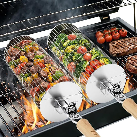 TNTOR Rolling Grill Basket, Larger 304 Stainless Steel Nesting Grilling Net, Removable Handle, BBQ Accessories Tools for Veg Shrimp, Outdoor Cooking Camping Father's Day grilling gifts for men Dad