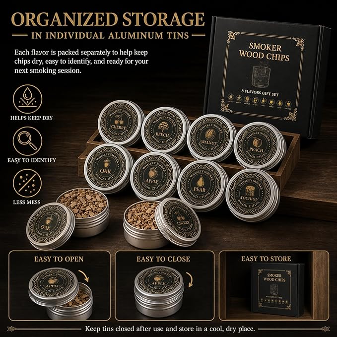 Cocktail & Whiskey Smoker Wood Chips, 8 Flavor Wood Chips Refill Set in Aluminum Tins for Cocktail Smoker Kit, Smoking Gun, Old Fashioned, Bourbon, Drinks, Cheese, Meat & Home Bar, Gift for Men