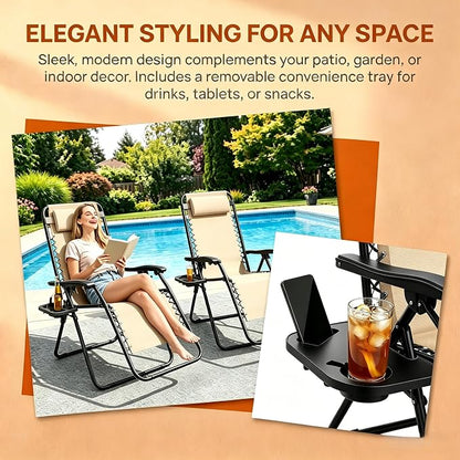 Adjustable Folding Lounge Chair, Portable Camping Chair for Adults with Headrest, Reclining Outdoor Chair with RemovableTray, Foldable Low Beach Chair for Camping, Picnic, Travel, Khaki