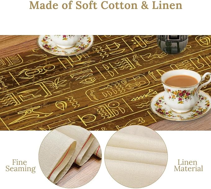 Vintage Egyptian Table Runner Golden Egypt Hieroglyphics Old Logographic Details Alphabetic Element Dinner Runner for Farmhouse Coffee Kitchen Dining Holiday Party Home Decoration 13x60in